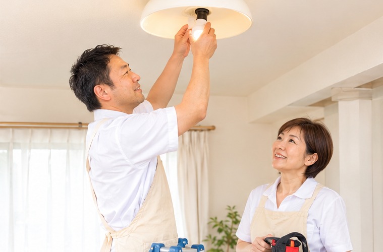 スタッフが電球交換を行っている様子