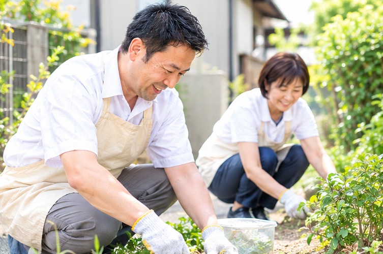 庭の草むしりをしている様子