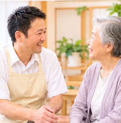 スタッフがご利用者様と笑顔で会話している様子