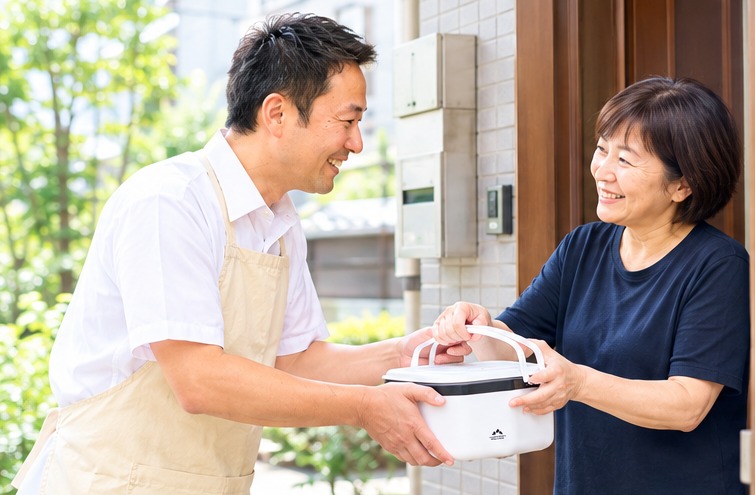 配達スタッフがお弁当を手渡ししている様子
