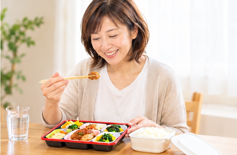 試食のお弁当を美味しそうに食べている様子